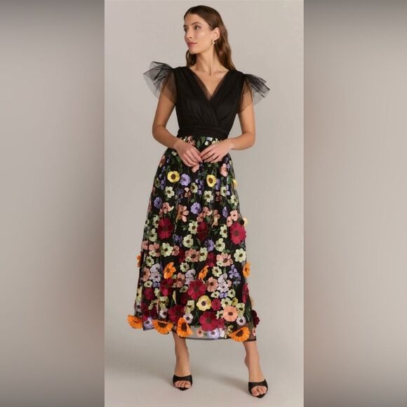 Mac Duggal Black and Multicolor Floral appliqué Midi Dress, US2 - Picture 1 of 16